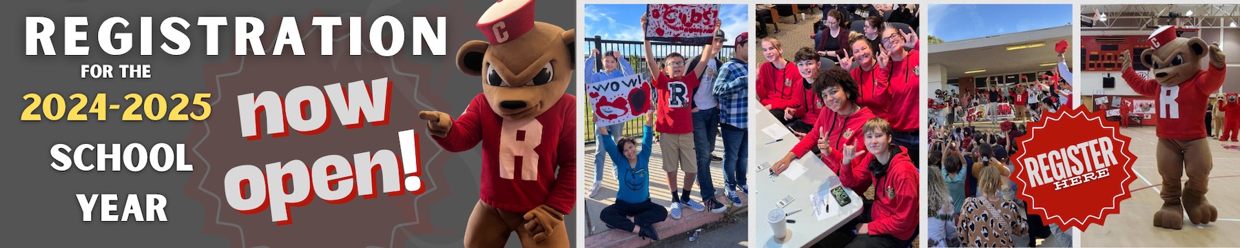 Register here for the 2024-2025 school year now.  Image description: A Cub mascot pointing to register on the photo collage of students in various school settings