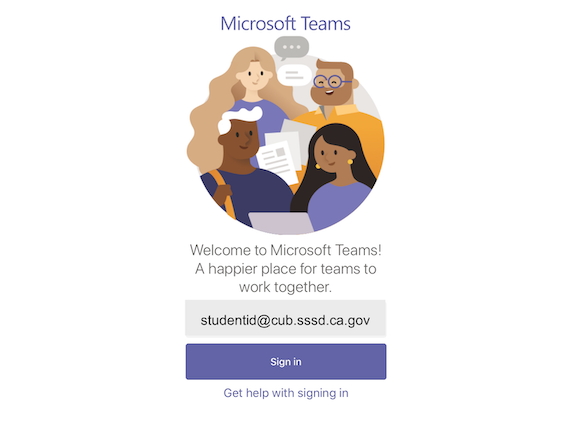 Microsoft Teams login window with example email address entered.