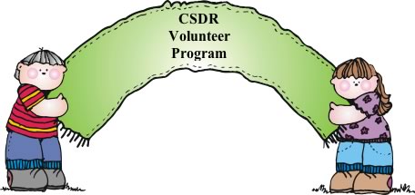 A drawing of two children holding the a CSDR volunteer banner.